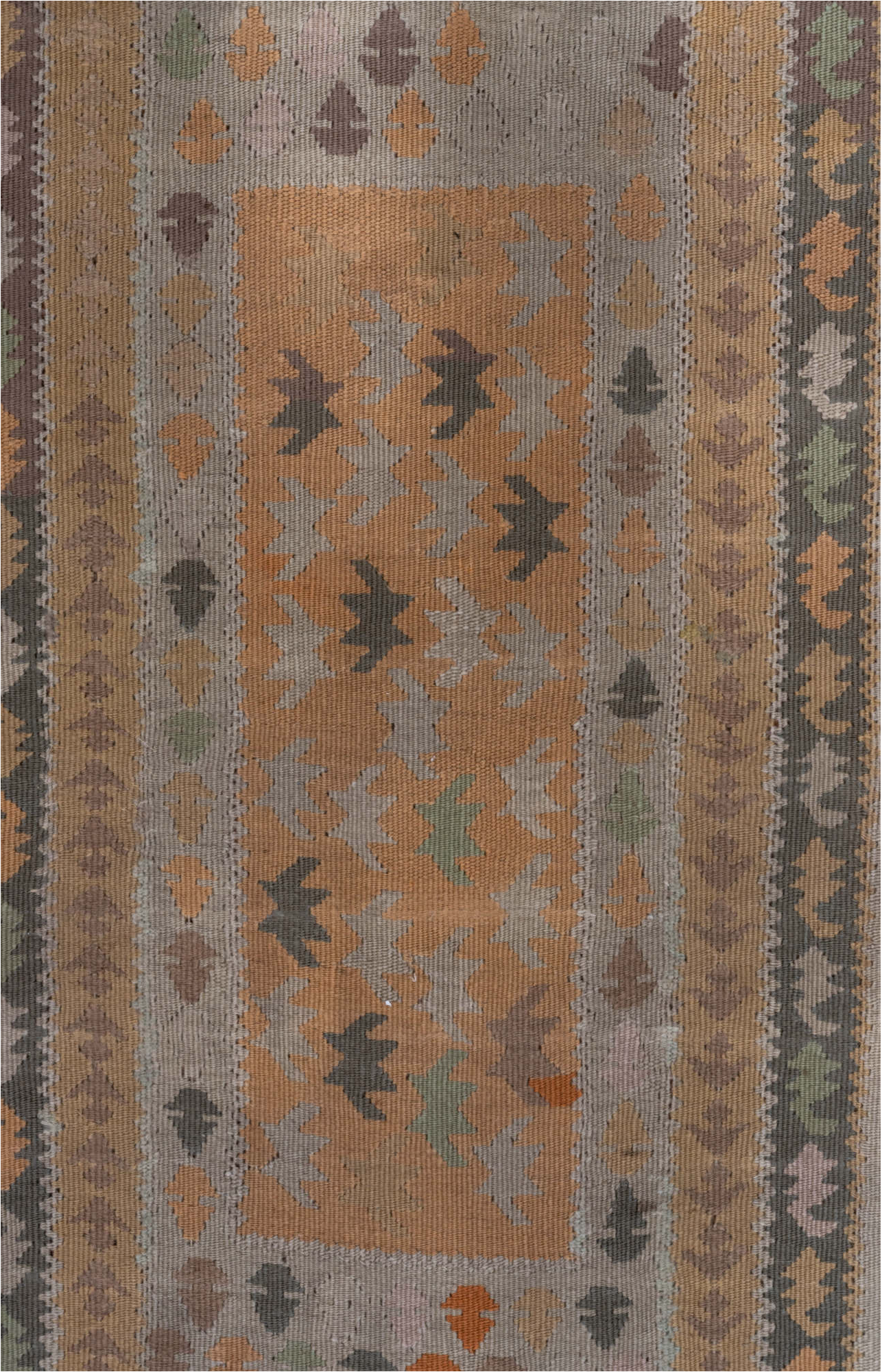 2' x 4' one-of-a-kind handmade vintage Kilim small size rug. Color palette: gray, light gray, off-white, pink, snow, white