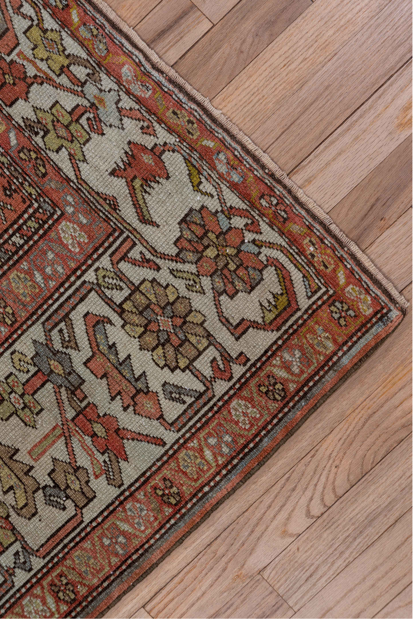 4' x 8' one-of-a-kind handmade vintage Malayer rug. Color palette: off-white, pink, gray, brown, red, white, snow