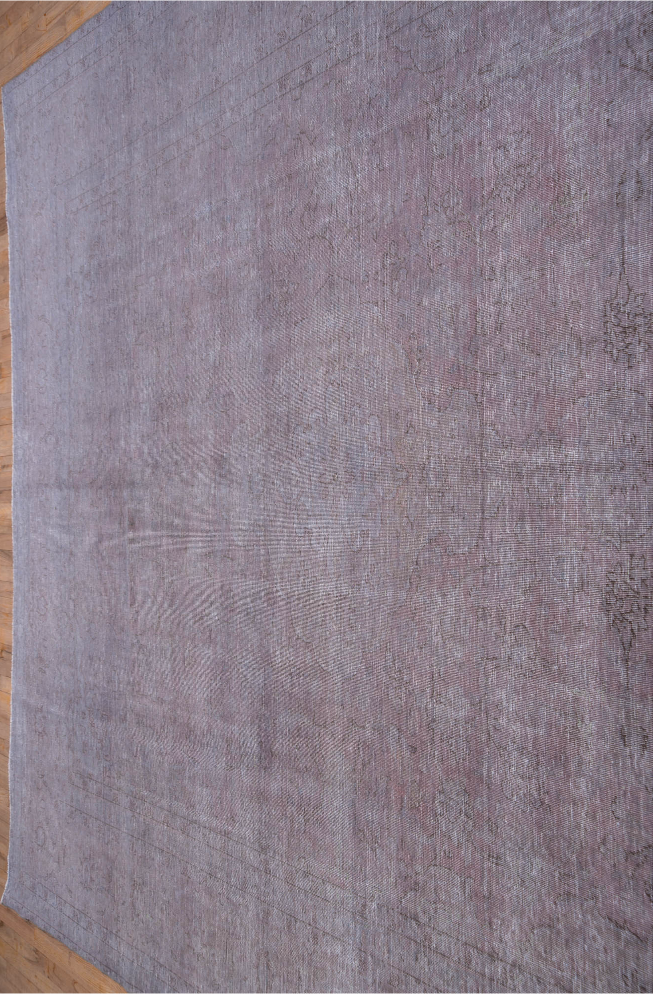 9' x 12' one-of-a-kind handmade vintage Overdyed large size rug. Color palette: gray, light blue, light gray, pink