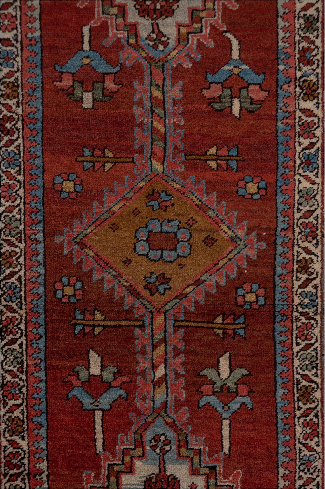 3' x 15' one-of-a-kind handmade vintage Serapi runner rug. Color palette: brown, dim gray, gray, off-white, pink, red, snow