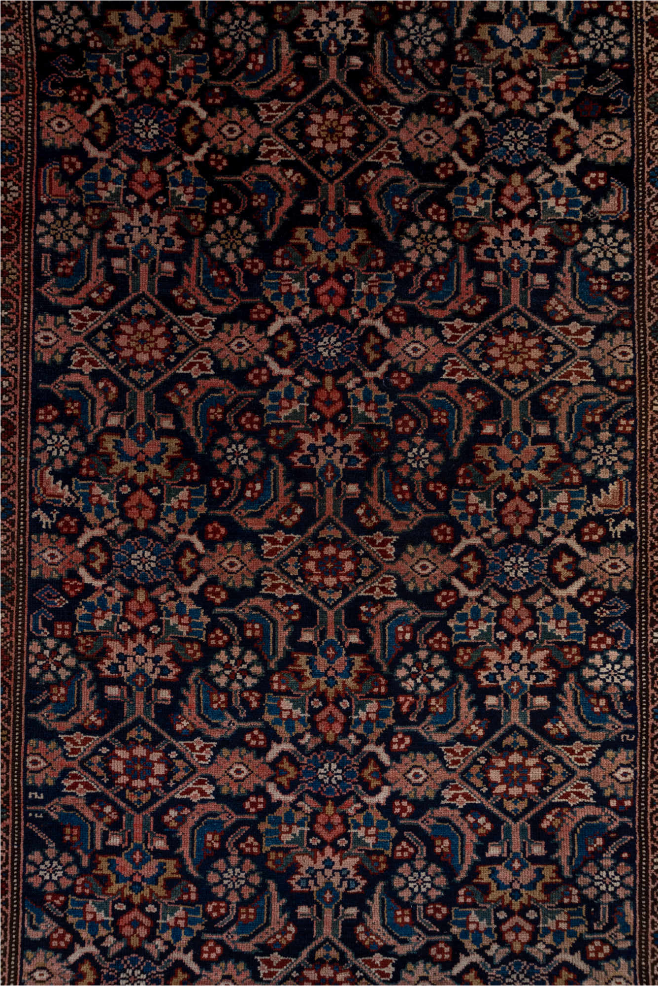 5' x 14' one-of-a-kind handmade vintage Malayer rug. Color palette: black, blue, brown, charcoal, gray