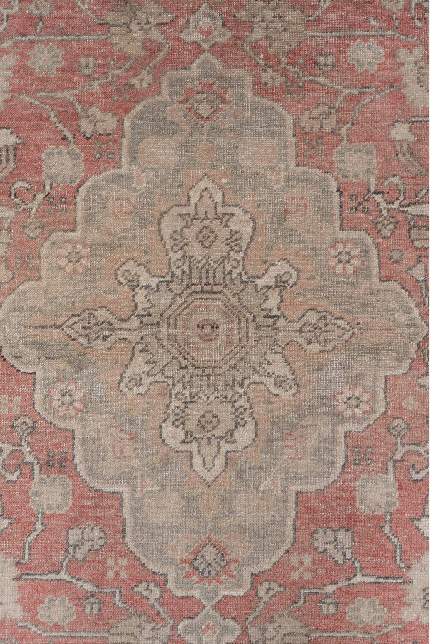 4' x 6' one-of-a-kind handmade vintage Oushak small size rug. Color palette: pink, gray, brown, light gray, off-white