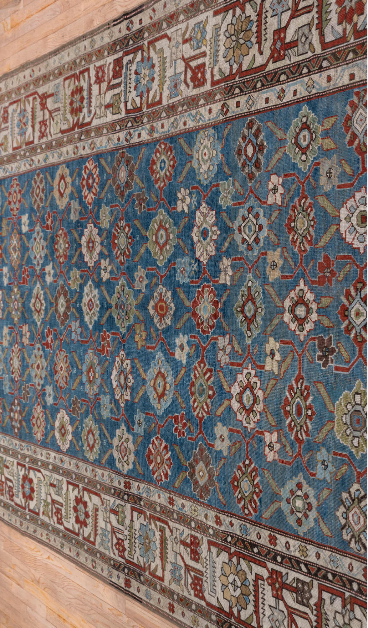 6' x 14' one-of-a-kind handmade vintage Karabagh large size rug. Color palette: black, blue, brown, charcoal, dim gray, gray